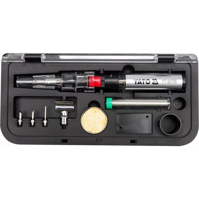 Yato YT-36706 Soldador a Gas 1300°C Quemador de Butano con Soplador de Aire Caliente, Negro/Rojo/Acero Inoxidable