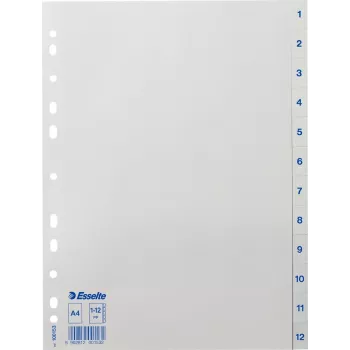 LEITZ Esselte Separadores de plástico, numerados 1-12, A4, blanco, perforación universal, 10 sets (100153)