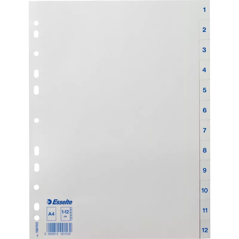 LEITZ Esselte Separadores de plástico, numerados 1-12, A4, blanco, perforación universal, 10 sets (100153)