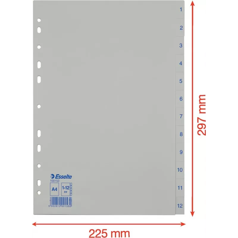 LEITZ Esselte Separadores de plástico, numerados 1-12, A4, blanco, perforación universal, 10 sets (100153)