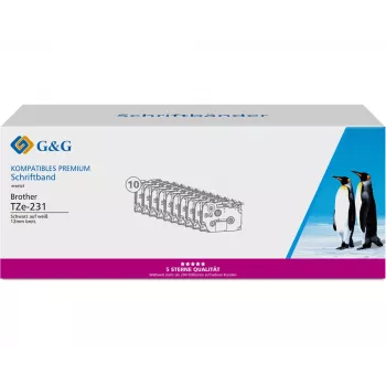 Pack de 10 cartuchos de cinta de rotuladora compatibles G&G 20100 para Brother TZe-231, 12 mm, negro sobre blanco