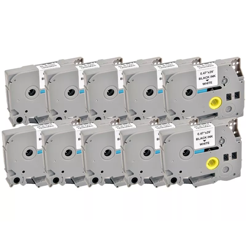 Pack de 10 cartuchos de cinta de rotuladora compatibles G&G 20100 para Brother TZe-231, 12 mm, negro sobre blanco