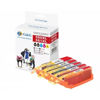 Set de cartuchos de tinta de alto rendimiento compatibles G&G para Canon PGI-550XL/CLI-551XL (pack de 5: negro, cian, magenta, amarillo) 14790