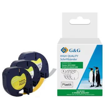 G&G TD-RL-D-91201/2/8-3P Set de cintas de etiquetar, 12 mm, pack de 3 (blanco, amarillo, plata sobre negro), compatible con DYMO D1