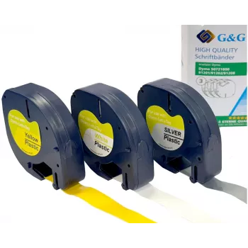 G&G TD-RL-D-91201/2/8-3P Set de cintas de etiquetar, 12 mm, pack de 3 (blanco, amarillo, plata sobre negro), compatible con DYMO D1