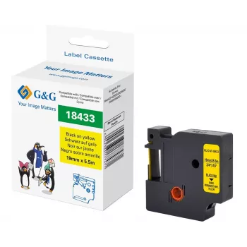 Cinta de etiquetar de vinilo G&G 19mm x 5,5m negro sobre amarillo para Dymo D1 RL-D-Vi-18433-BK/YE-19MM*5.5M