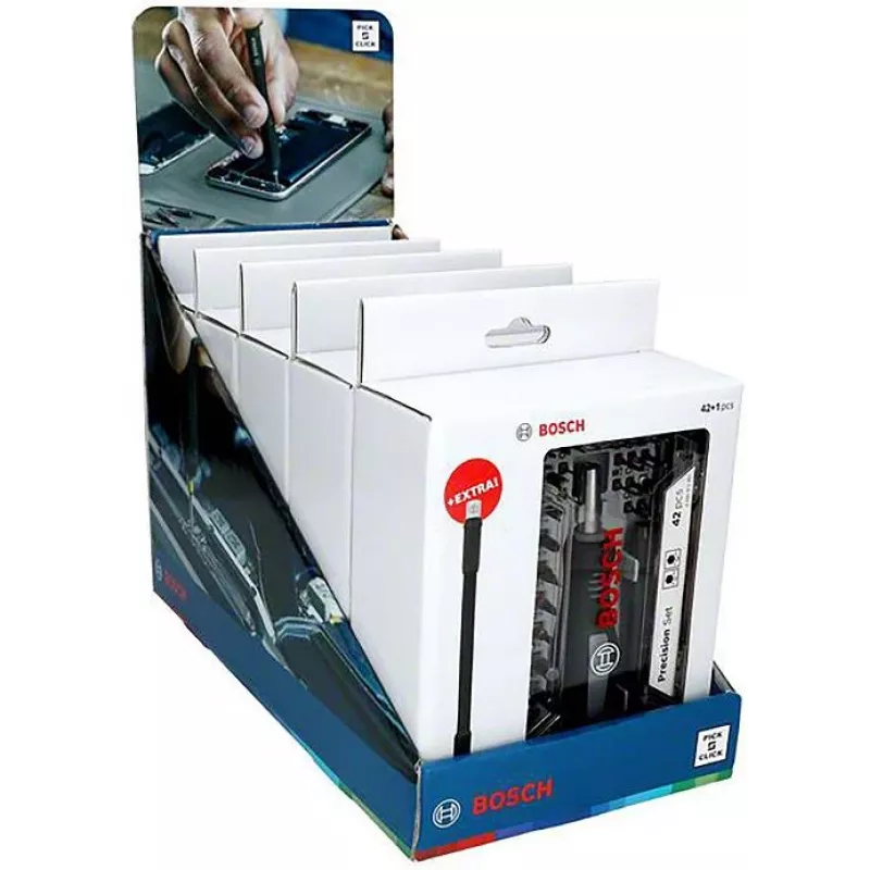 Bosch Set de puntas de precisión con soporte expositor, 5 sets con 33 piezas (165 en total), acero S2, hexágono de 1/4 pulgadas, puntas PH/PZ/S/H/T, soporte magnético, expositor de venta 2607002837,0