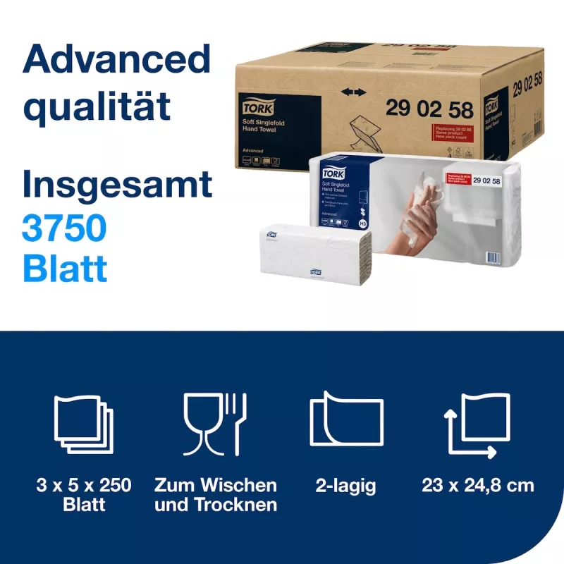 Tork Advanced H3 toallas de papel plegadas en Z 2 capas blanco (290258) – 3750 toallas