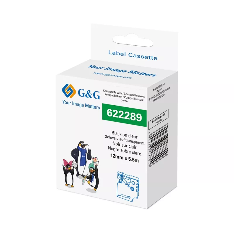 G&G Cartucho de cinta de etiquetar de poliéster, transparente con impresión negra, 12 mm x 5,5 m, para Dymo D1 RL-D-Po-622289-BK/CL-12MM*5.5M