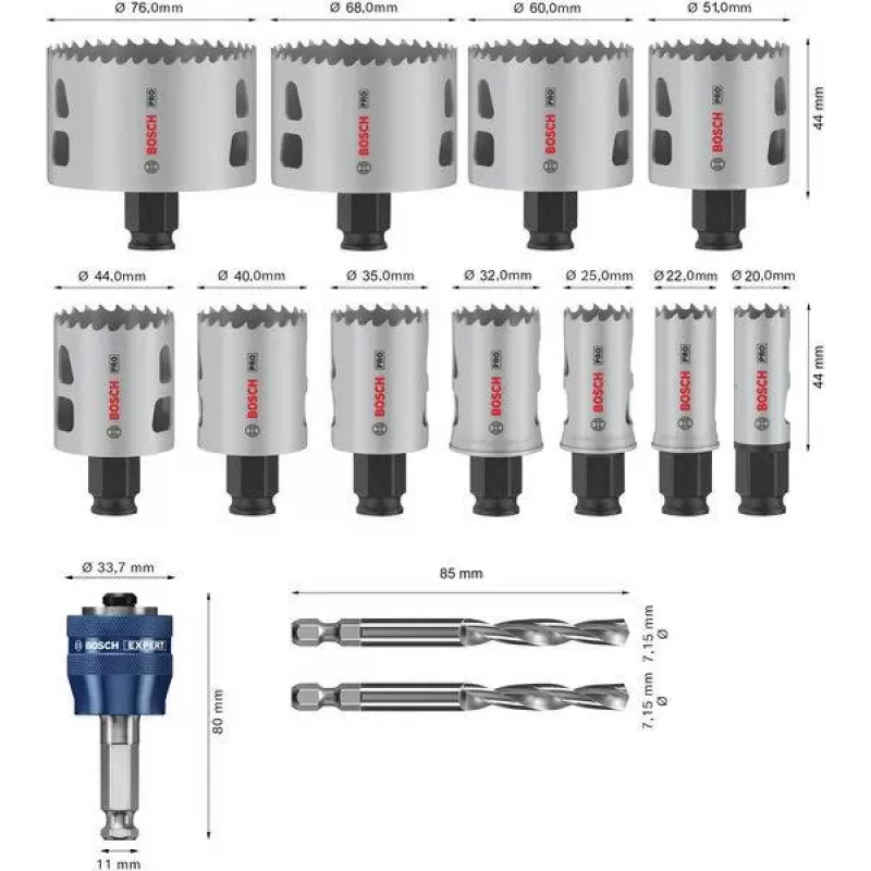 Bosch 2608594426 set de sierras de corona Progressor para madera y metal 11 piezas (20-76 mm) con adaptadores Power Change y brocas piloto