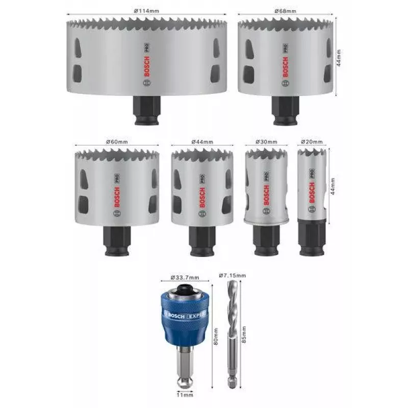 Bosch set de sierras de corona Progressor para madera y metal, 7 piezas, diámetro 20-114 mm, soporte Power Change, HSS bimetal, con maletín 2608594431