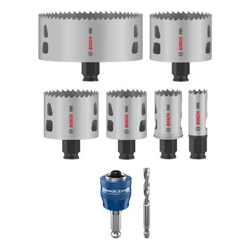 Bosch set de sierras de corona Progressor para madera y metal, 7 piezas, diámetro 20-114 mm, soporte Power Change, HSS bimetal, con maletín 2608594431