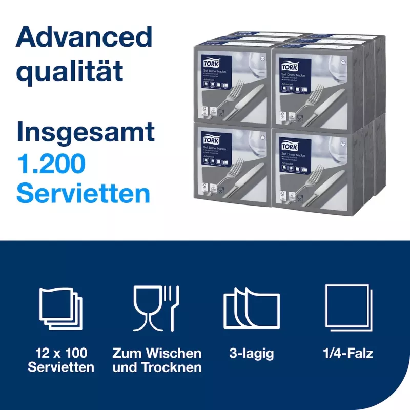 TORK Soft Dinner Advanced Antracita Servilletas de 3 capas 39 x 39,5 cm, 100 uds. (509401)