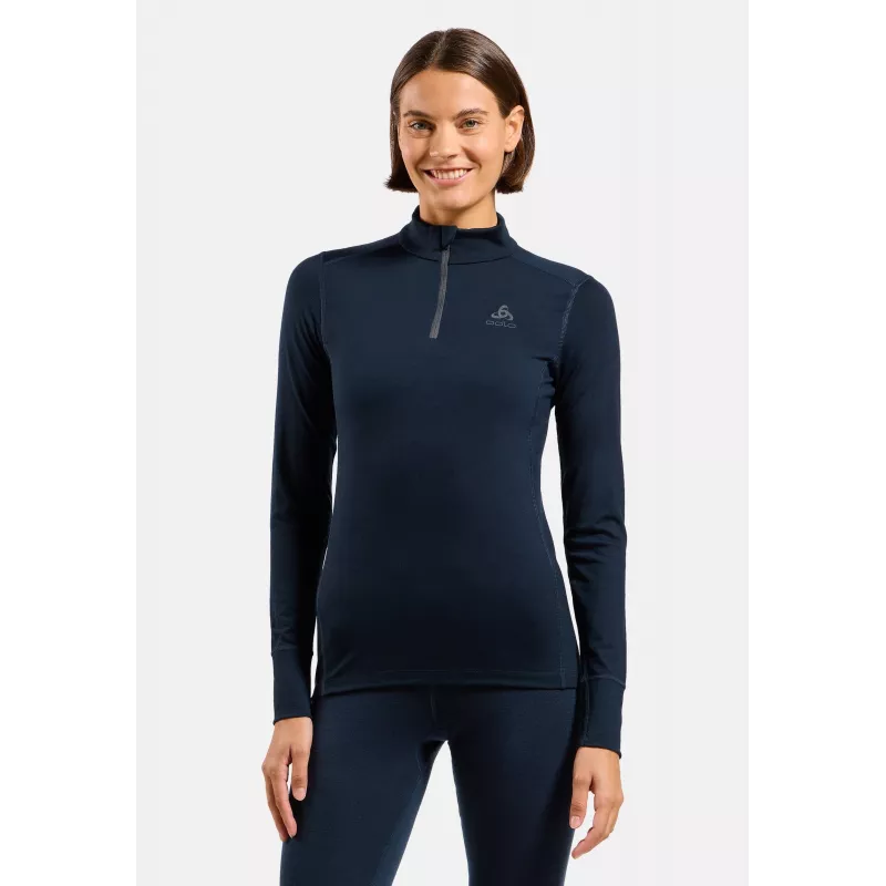 Odlo Mujer Merino 200 BL Top Cuello Alto Manga Larga Half Zip Capa Base - Dark Sapphire, Talla M