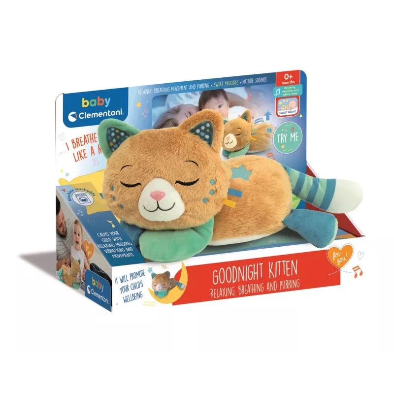 Clementoni Purring Cat Morpheus peluche - juguete sensorial interactivo para bebés, gris y blanco, a partir de 6 meses