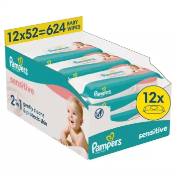 Pampers Sensitive Toallitas húmedas para bebé, 12 paquetes de 52, 624 uds., sin perfume, sin alcohol, testado dermatológicamente