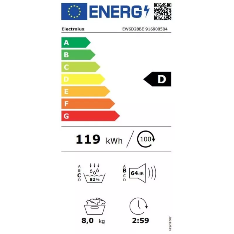 Electrolux EW6D28BE Secadora con bomba de calor 8kg, clase energética A+++, blanca