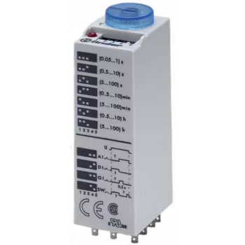 Finder 85.03.0.125.0000 Relé temporizador multifunción, 1 CO 16A, 12-24V AC/DC, 0,05s-100h, carril DIN