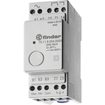 Finder 72.11.9.024.0000 Relé de control de nivel, 24V AC/DC, sensibilidad fija 150 kΩ, 1 CO 10A, carril DIN