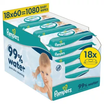 Toallitas húmedas Pampers Aqua Baby, 18 paquetes de 60, 1080 unidades, 99% agua pura, sin perfume
