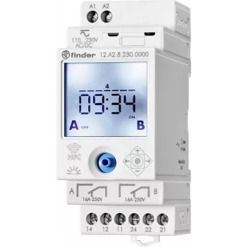 Interruptor horario astronómico digital Finder 12A200240000, 2 canales, programas diario/semanal/astro/festivo/impulso, carril DIN, 230 V AC, 16 A
