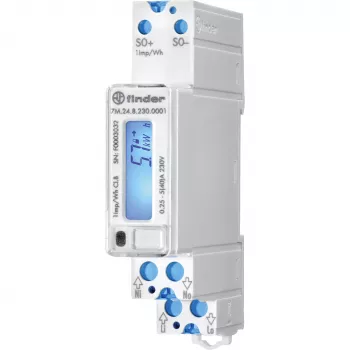 Contador de energía digital monofásico Finder 7M.24.8.230.0001, 230 V AC, 5(40) A, clase 1, LCD, salida de impulsos S0, carril DIN, 1 módulo, no conforme MID