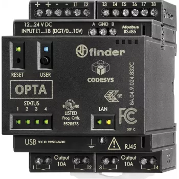 Finder Relé lógico programable (PLR) Módulo de control PLC, 24 V DC, 8 entradas digitales, 4 entradas analógicas, 4 salidas de relé, 8 A, pantalla LCD, montaje en carril DIN, 8A.04.9.024.832C