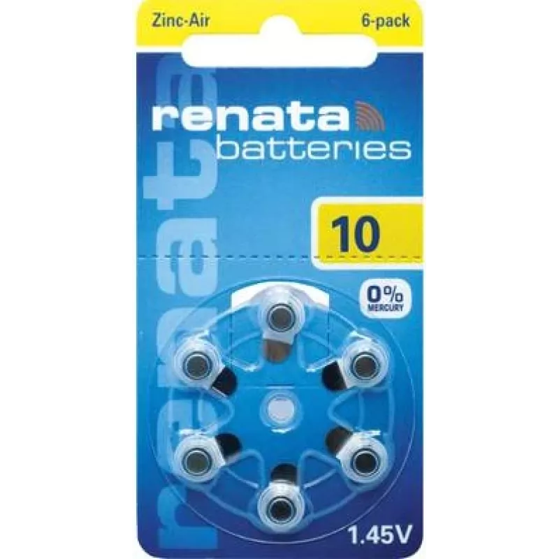Renata ZA10 Pila para audífonos zinc-aire PR70 105 mAh 1,4 V pack de 6 ZA10.DP6 0HG