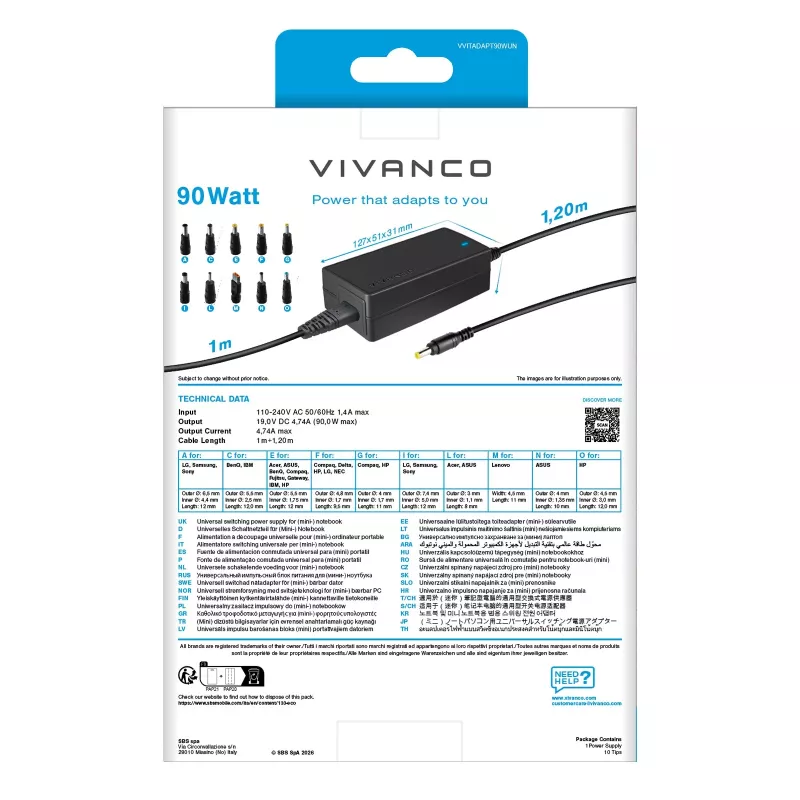 Vivanco Fuente de alimentación universal para portátil 90W con tensión de salida seleccionable VVITADAPT90WUN