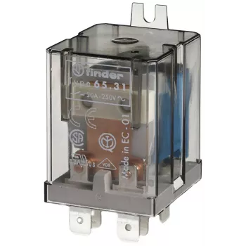 Finder 65.31.9.024.4000 Relé industrial enchufable, bobina 24V DC, 1 CO (SPDT), 20A, resistente al flujo