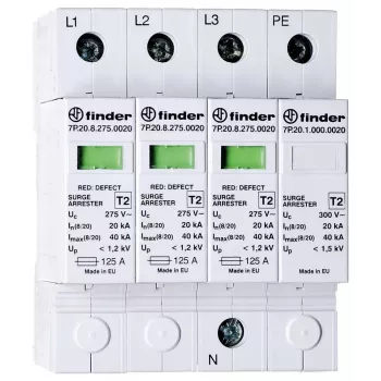 Finder 7P.24.8.275.K110 Tipo 2 protector contra sobretensiones para instalaciones fotovoltaicas, 3 polos, 1100 V DC, 20 kA (8/20 µs), carril DIN