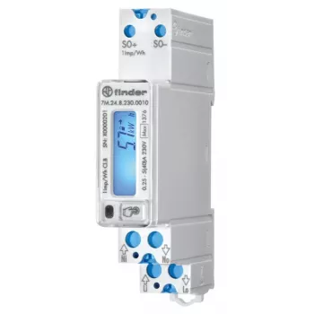 Finder 7M.24.8.230.0010 Contador de energía monofásico MID, conexión directa, 100 A, clase B, carril DIN, salida de impulso S0