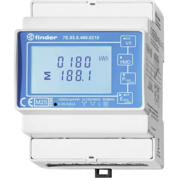 Finder 7E.85.8.400.0212 Contador de energía digital monofásico, 230 V AC, 40 A, carril DIN, 1 módulo, salida de impulso S0
