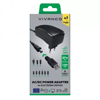 Vivanco Fuente de alimentación universal AC/DC 27W con 7 conectores DC y conexión USB VVITADAPT27WUN