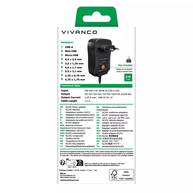 Vivanco Fuente de alimentación universal AC/DC 27W con 7 conectores DC y conexión USB VVITADAPT27WUN