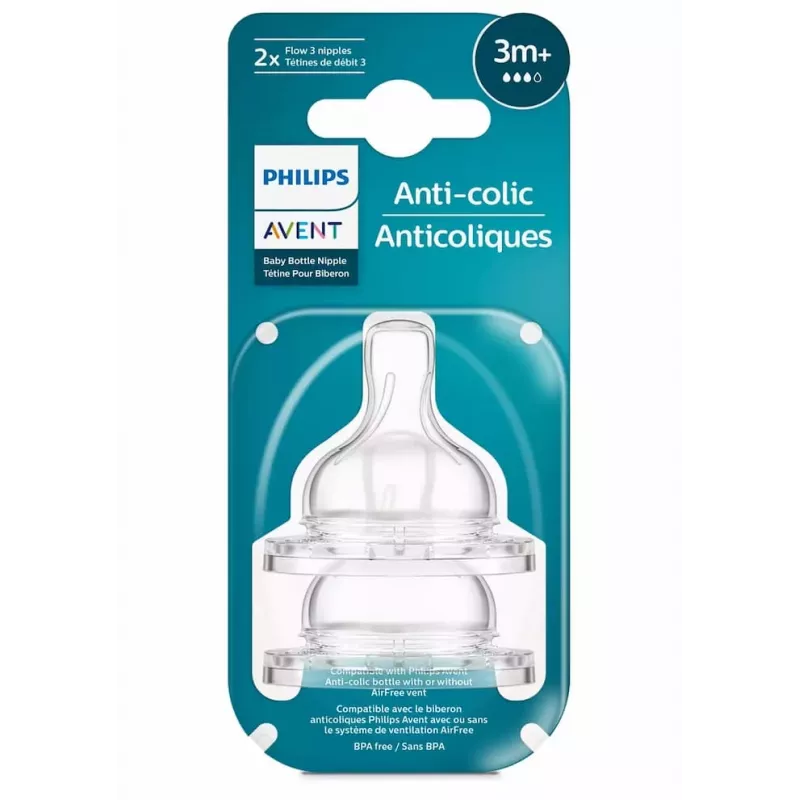 Tetinas de silicona Philips Avent anticólicos para biberón, flujo medio, 3M+, pack de 2