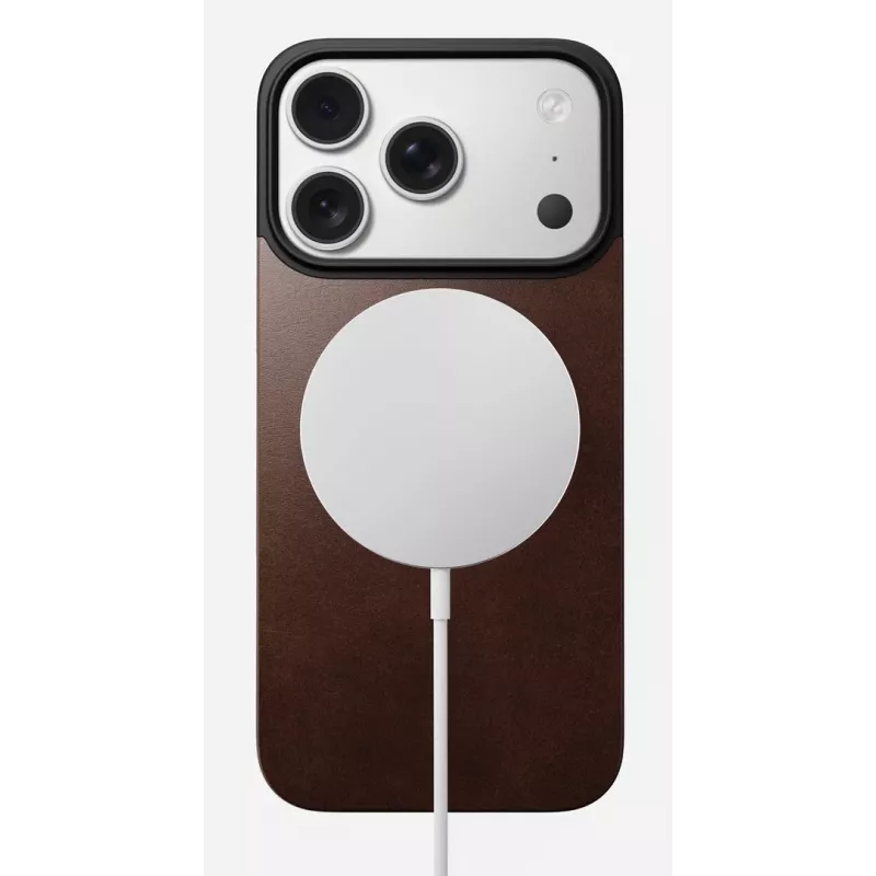 NOMAD Magnetic Leather Back para iPhone 17 compatible con MagSafe piel Horween Rustic Brown