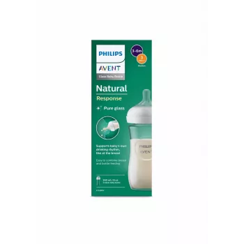 Biberón de vidrio Philips AVENT Natural Response 240 ml, tetina flujo medio, 1m+