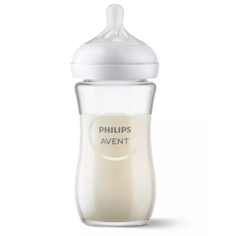 Biberón de vidrio Philips AVENT Natural Response 240 ml, tetina flujo medio, 1m+