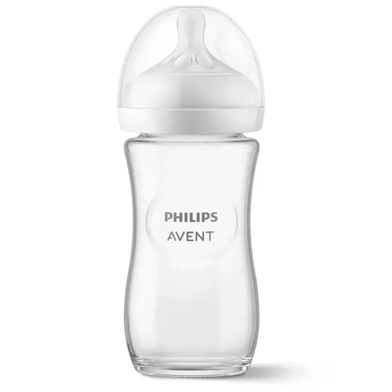 Biberón de vidrio Philips AVENT Natural Response 240 ml, tetina flujo medio, 1m+