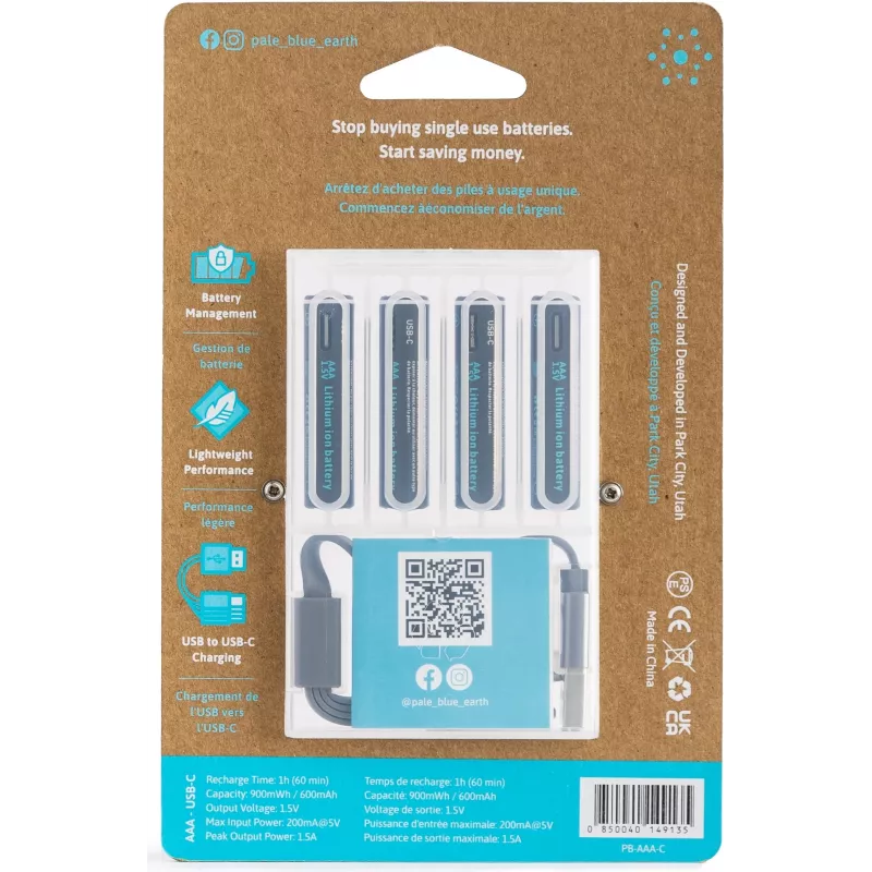 Pila AAA de litio recargable por USB-C Pale Blue PB-AAA-C
