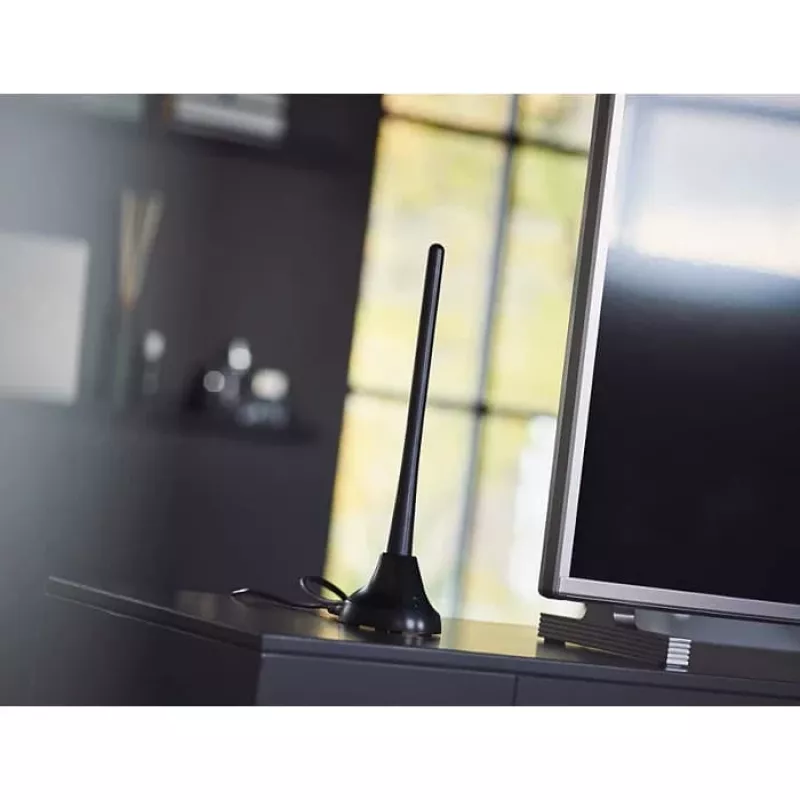 PHILIPS SDV5100/12 Antena de televisión de interior con amplificación de 18 dB, UHF/VHF/FM, negro