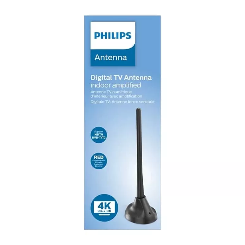 PHILIPS SDV5100/12 Antena de televisión de interior con amplificación de 18 dB, UHF/VHF/FM, negro