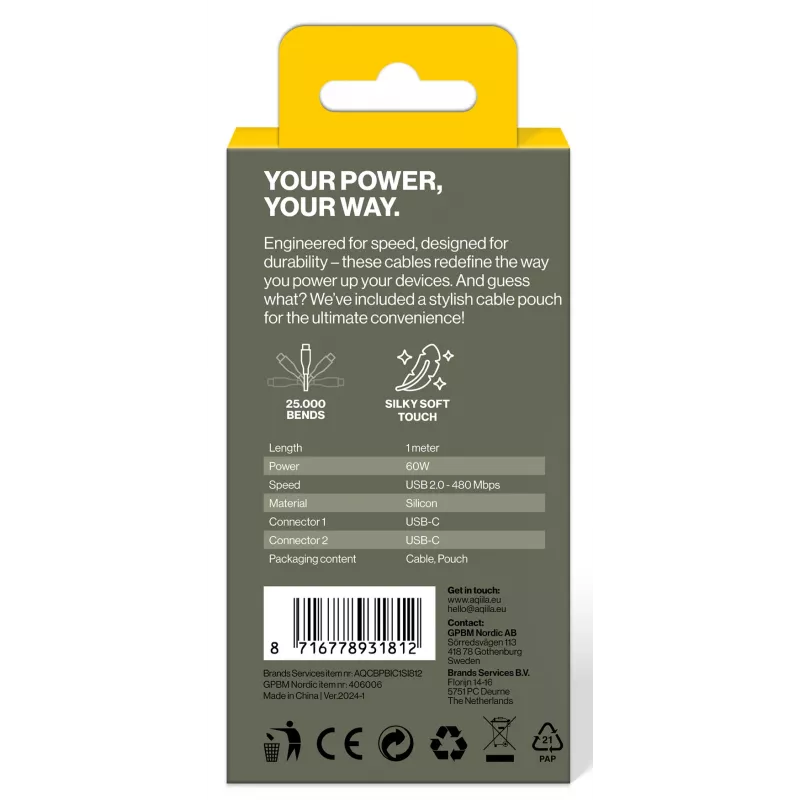 AQIILA Cablebird CS11 Cable de carga y sincronización USB-C a USB-C 1m 60W negro AQCBPBIC1SI812