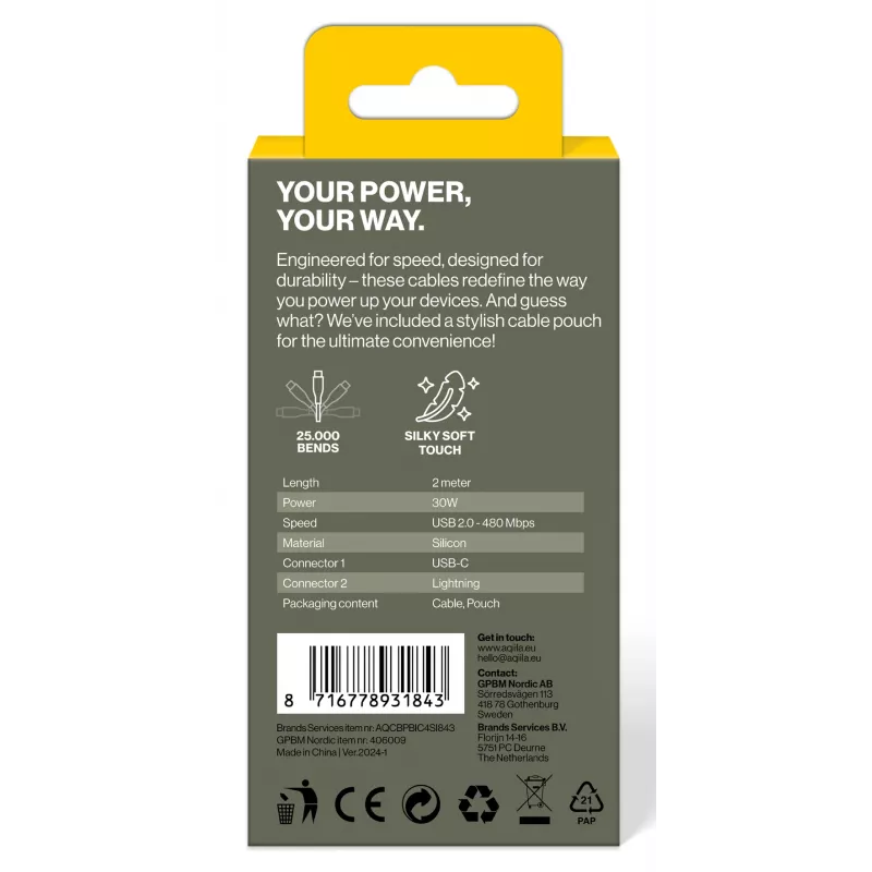 AQIILA 4SI843 Cable de carga y sincronización USB-C a Lightning 2m 60W PD AQCBPBIC4SI843
