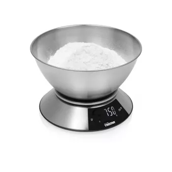 Tristar KW-2453 Báscula de cocina digital con bol de acero inoxidable, capacidad 5 kg, precisión 1 g, pantalla LCD, función tara, plata