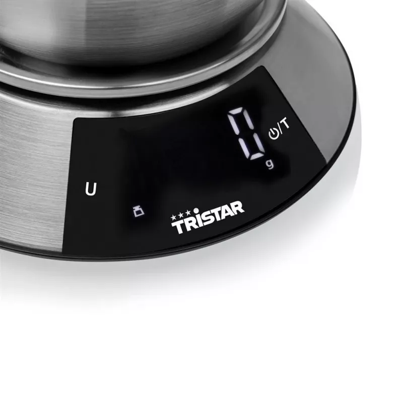 Tristar KW-2453 Báscula de cocina digital con bol de acero inoxidable, capacidad 5 kg, precisión 1 g, pantalla LCD, función tara, plata