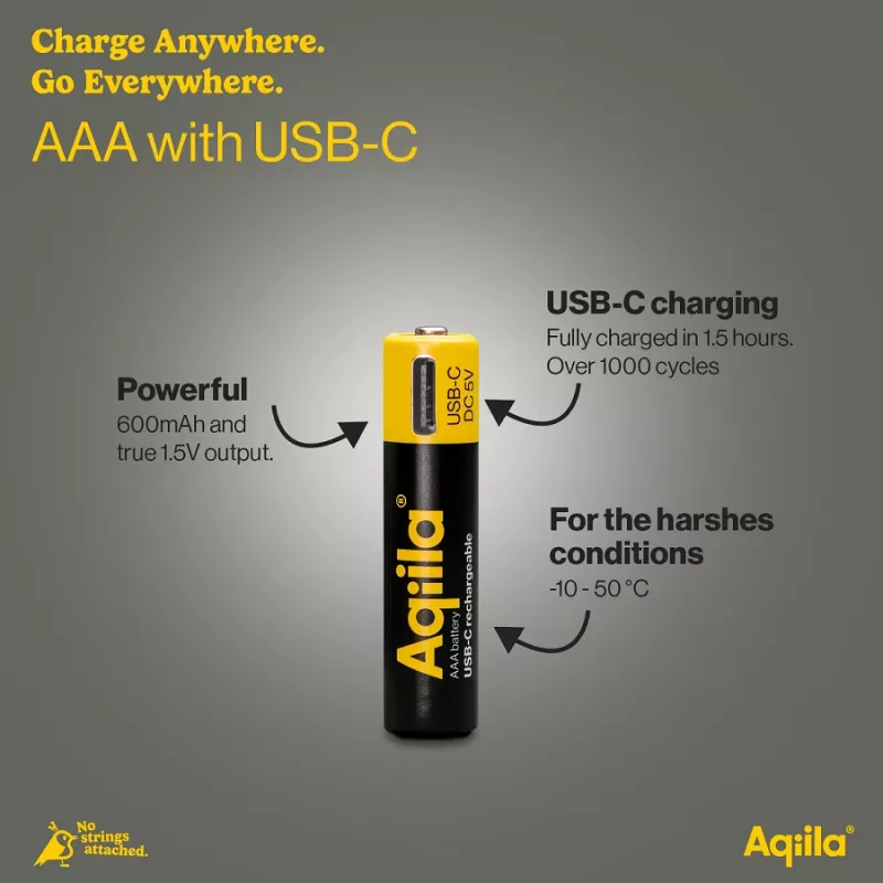 AQIILA AAA Pilas NiMH recargables con USB-C, 1,2 V, 600 mAh, pack de 4 AQ60AAA374C4