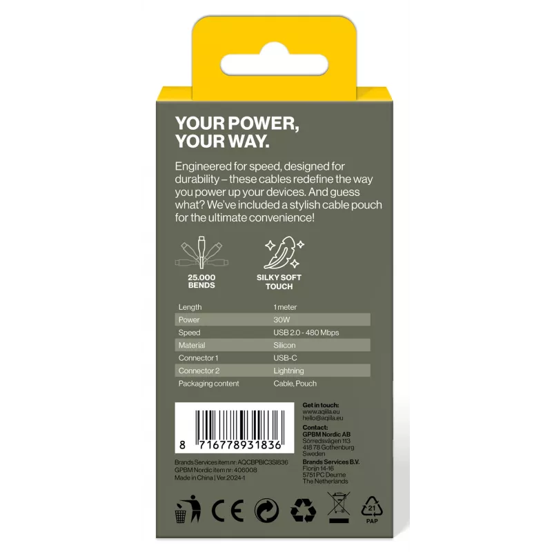 AQIILA 3SI836 cable de carga y sincronización USB-C a Lightning 1m AQCBPBIC3SI836