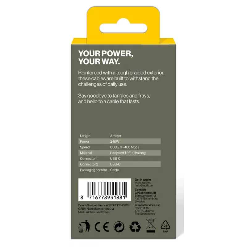 AQIILA cable de carga y sincronización USB-C a USB-C 3 m negro AQCBPBICB4BD881